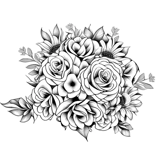 bouquet of single stemmed gardenias, roses, sunflowers, and daisies tattoo design idea