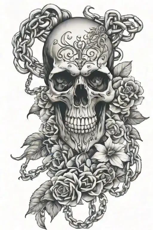 chain links, flowers, skull  tattoo design idea