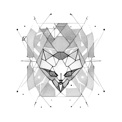 Abstract geometric design combining space elements and construction tools, with hidden cat silhouettes tattoo design idea