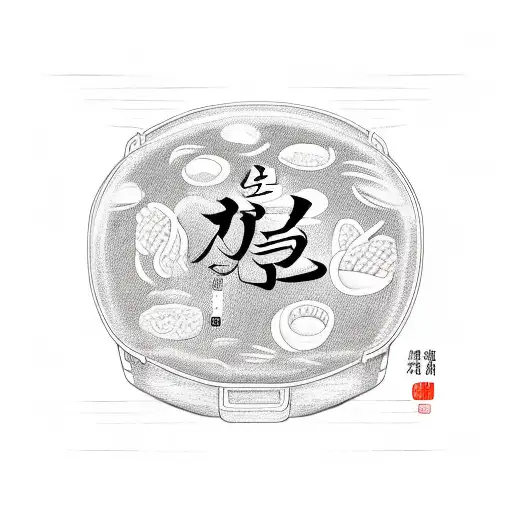 Open square Chinese take out container that is 80% full of noodles, with the words HARA HACHI BUN ME written in English tattoo design idea