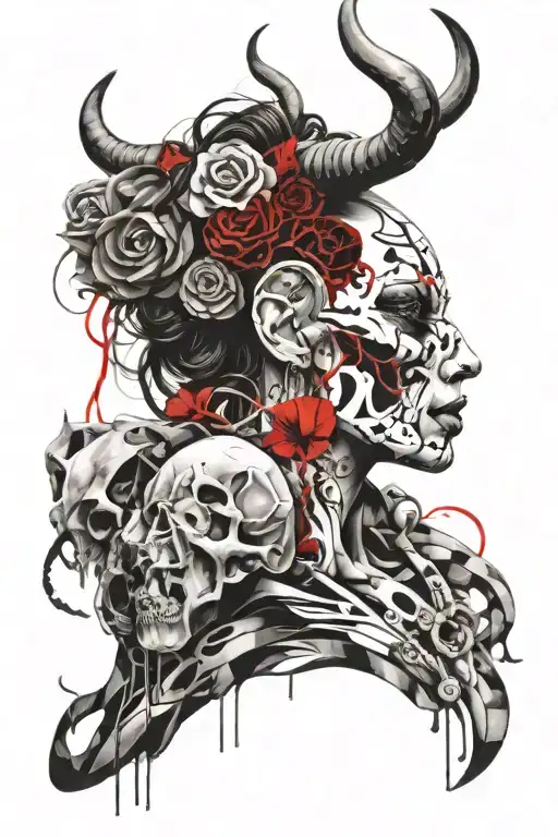 woman taurus with skull  realistic   tattoo design idea