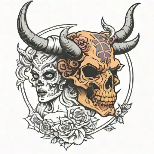 woman taurus with skull  realistic   tattoo design idea