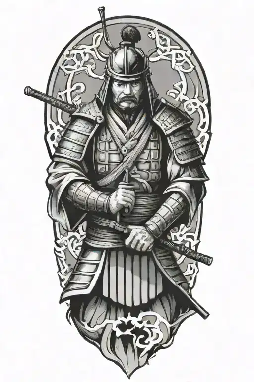 japanese samurai warrior standing looking down tattoo design idea