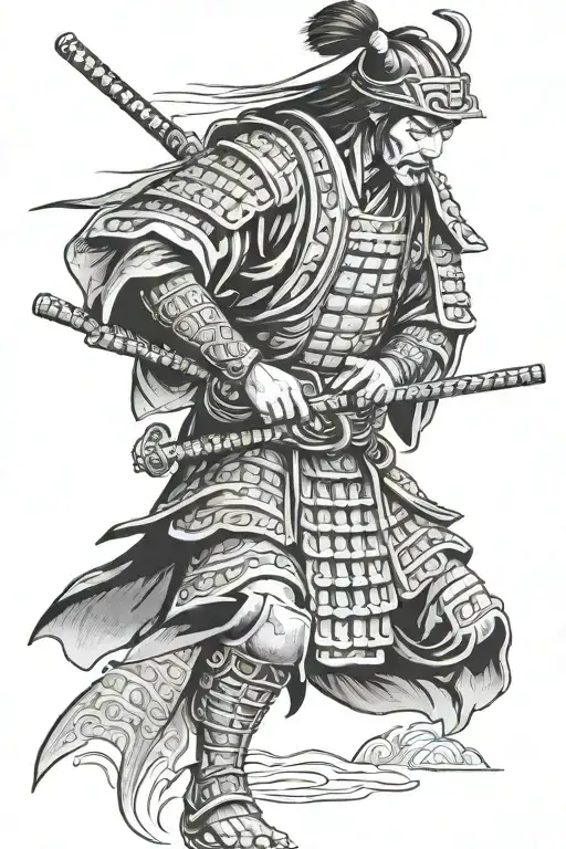 samurai warrior standing looking down at his tattoo design idea