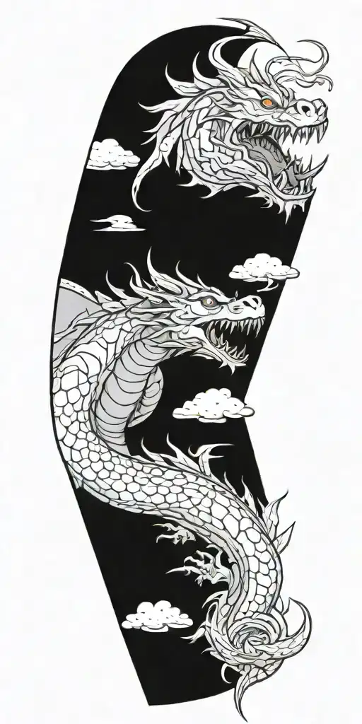dragon wrapped with fire coming surronded by clouds tattoo design idea