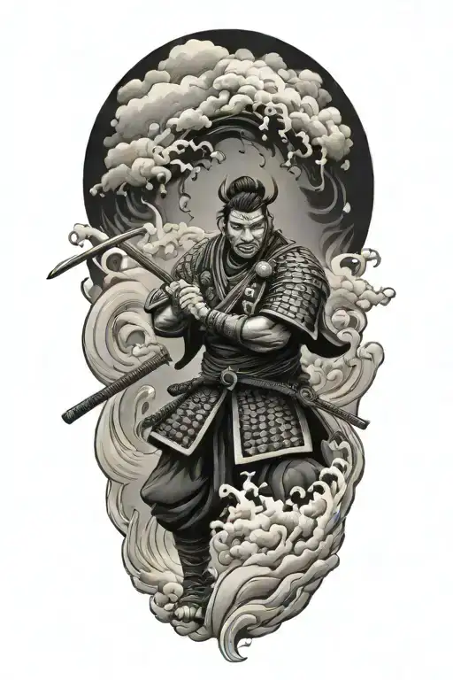 japanese culture with samurai warrior with clouds fire rain tattoo design idea