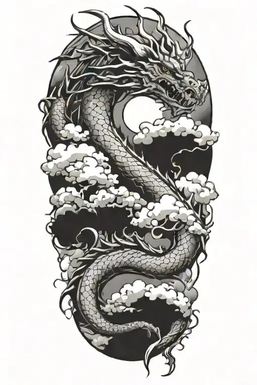 dragon wrapped with fire coming surronded by clouds tattoo design idea