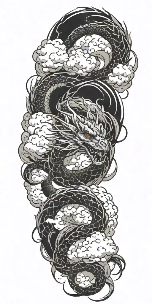 dragon wrapped with fire coming surronded by clouds tattoo design idea