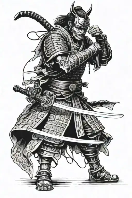 samurai warrior with mask standing still looking down at his tattoo design idea