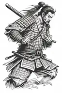 samurai warrior standing looking down at his tattoo design idea