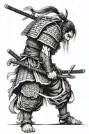 samurai warrior with mask standing still looking down at his tattoo design idea