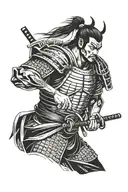 samurai warrior standing still looking down at his tattoo design idea