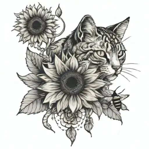 image with a sunflower with a bee, sun, moon, rose, pik, cat, and game controller all together tattoo design idea
