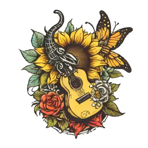 image with a sunflower with a bee, sun, moon, rose, guitar pik, cat, and game controller all together tattoo design idea