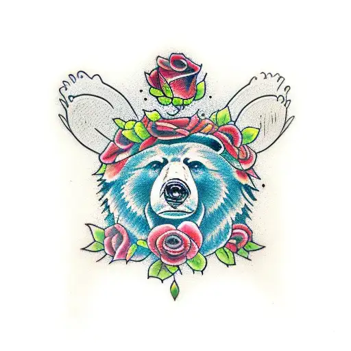 bear with roses, alcohol  tattoo design idea
