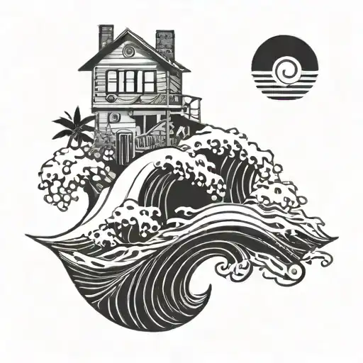 An abstract wave pattern with hidden home and money motifs, showcasing the client's passion for real estate and surfing tattoo design idea