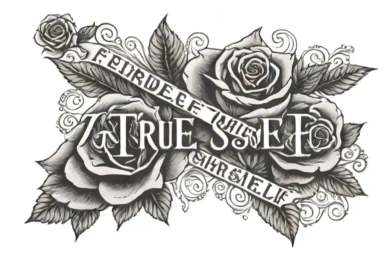 cross necklace wrapping around the words "True2Myself" with a rose background  tattoo design idea