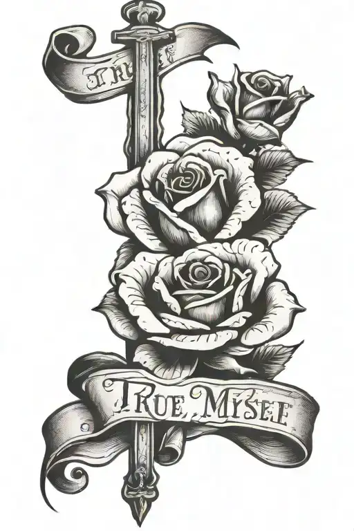 cross wrapping around the words "True2Myself" with a rose background tattoo design idea