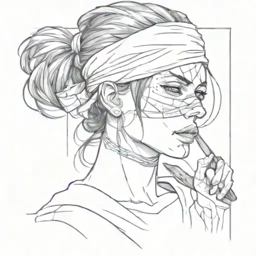 dark haired girl, blindfolded, with a bandage around her throat and a knife tattoo design idea