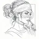 dark haired girl, blindfolded, with a bandage around her throat and a knife tattoo design idea