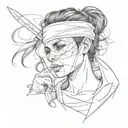 dark haired girl, blindfolded, with a bandage around her throat and a knife tattoo design idea