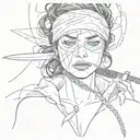 dark haired girl, blindfolded, with a bandage around her throat and a knife tattoo design idea