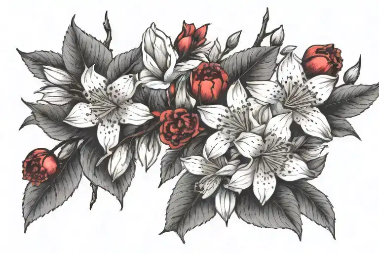 cherry branch with cherry blossoms, york rose, pohutukawa blossoms and daffodils tattoo design idea