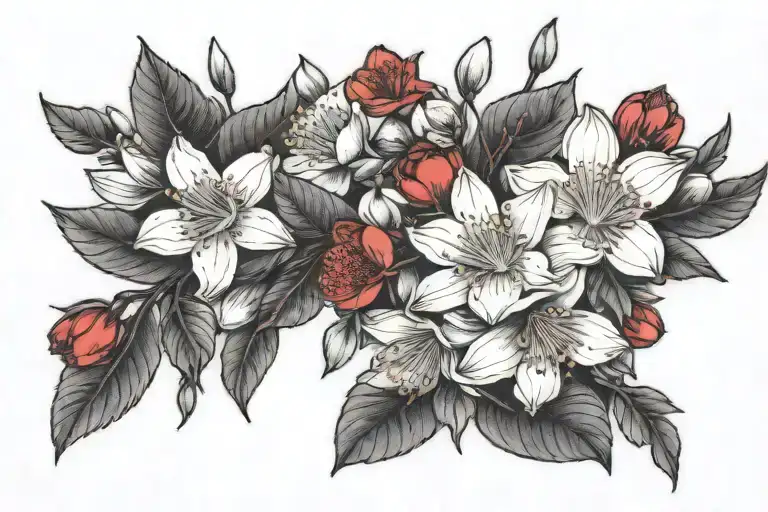 cherry branch with cherry blossoms, york rose, pohutukawa blossoms and daffodils tattoo design idea
