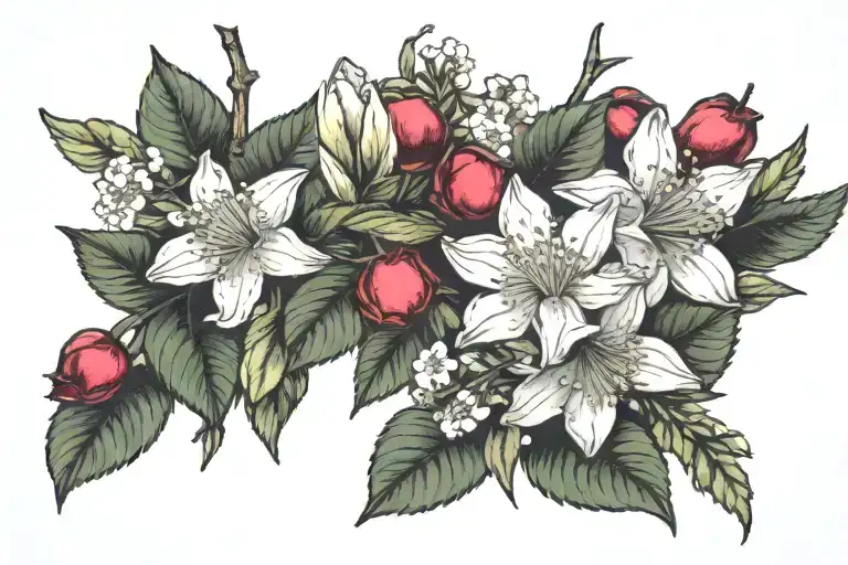 cherry branch with cherry blossoms, york rose, pohutukawa blossoms and daffodils tattoo design idea