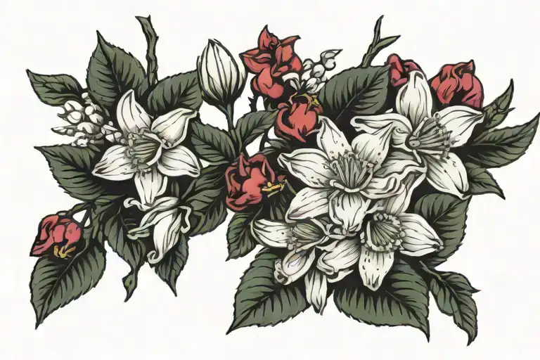 cherry branch with daffodil, cherry blossoms, york rose, pohutokawa blossoms tattoo design idea