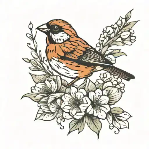 sparrow and flowers tattoo design idea