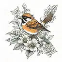 sparrow and flowers tattoo design idea