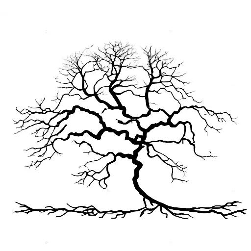 Silhouette of old oak tree with extensive and wide roots that look like a digital circuit board tattoo design idea