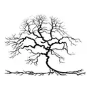 Silhouette of old oak tree with extensive and wide roots that look like a digital circuit board tattoo design idea