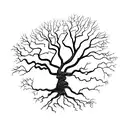 Silhouette of old oak tree with extensive and wide roots that look like a digital circuit board tattoo design idea