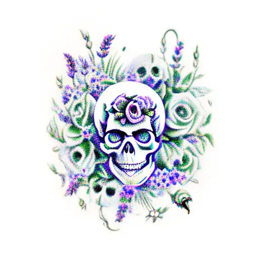 Skull, roses, forget me not, lavender, lilac, jade vine, pocket watch, coffin tattoo design idea