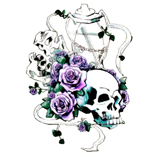 Skull, roses, forget me not, lavender, lilac, jade vine, pocket watch, coffin tattoo design idea