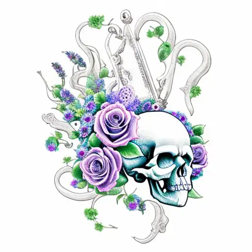 Skull, roses, forget me not, lavender, lilac, jade vine, pocket watch, coffin tattoo design idea
