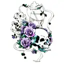 Skull, roses, forget me not, lavender, lilac, jade vine, pocket watch, coffin tattoo design idea