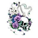 Skull, roses, forget me not, lavender, lilac, jade vine, pocket watch, coffin tattoo design idea