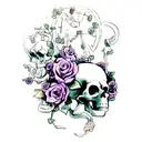 Skull, roses, forget me not, lavender, lilac, jade vine, pocket watch, coffin tattoo design idea