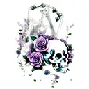 Skull, roses, forget me not, lavender, lilac, jade vine, pocket watch, coffin tattoo design idea