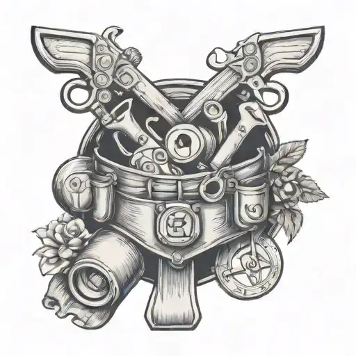 A carpenter's tool belt intertwined with symbols of family and love, representing the client's occupation and passions tattoo design idea