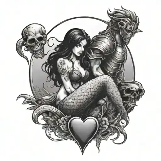 An evil, sexy, mermaid holding a bloody heart goth style and a Roman warrior on his knees broken down missing a bloody h tattoo design idea