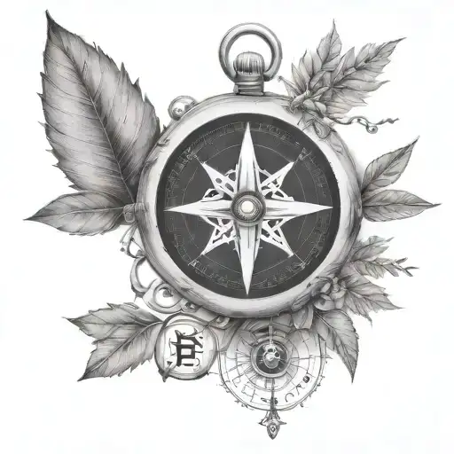 mysterious plants growing into a compass with Norse runes tattoo design idea