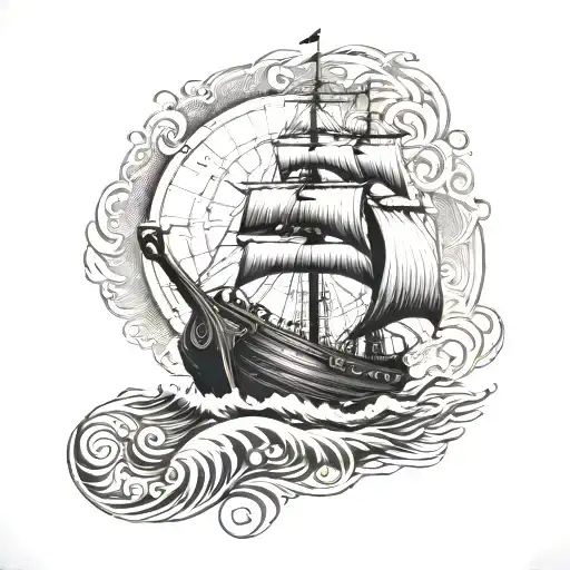 Viking longship sailing on a sea of water with a compass rose as the backdrop tattoo design idea