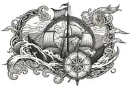 Viking ship crashing waves with a Nordic compass in the topic right with runes tattoo design idea