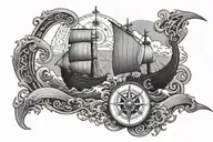 Viking ship crashing waves with a Nordic compass in the topic right with runes tattoo design idea