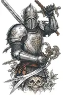 A realistic portrait of a medieval knight wielding a sword, with hidden references to Angra's music and Ragnarok Online, surrounded by Pokémon inspired elements tattoo design idea