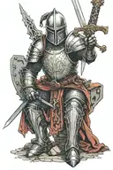 A realistic portrait of a medieval knight wielding a sword, with hidden references to Angra's music and Ragnarok Online, surrounded by Pokémon inspired elements tattoo design idea